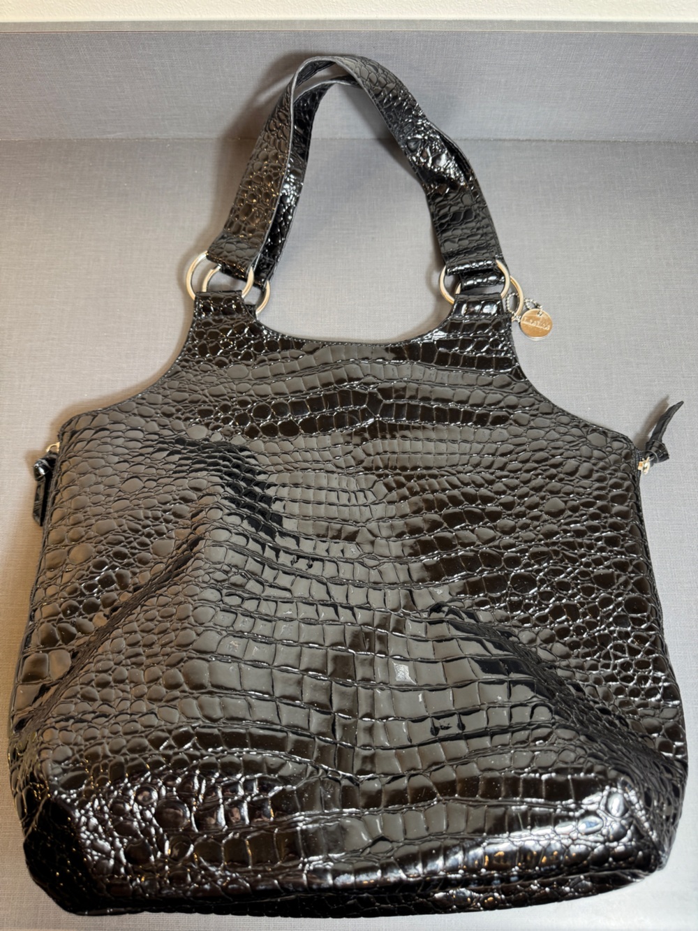Lulu Croc Embossed Patent Leather Hobo Bag